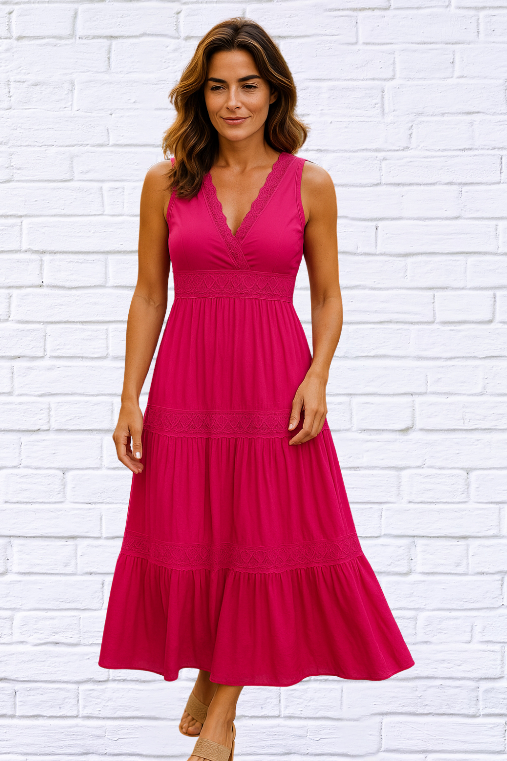 Hot Pink Lace Trip Ruffle V Neck Maxi Dress Hot Pink Lace Trip Ruffle V Neck Maxi Dress