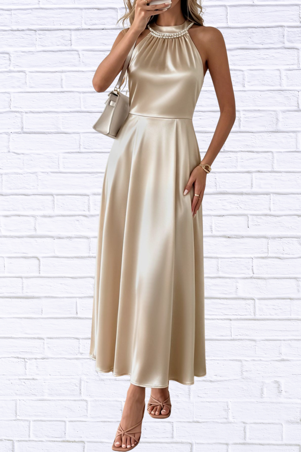 aisle pearl satin midi dress Women's Halter Satin Midi Wedding Dress With Pearl, White