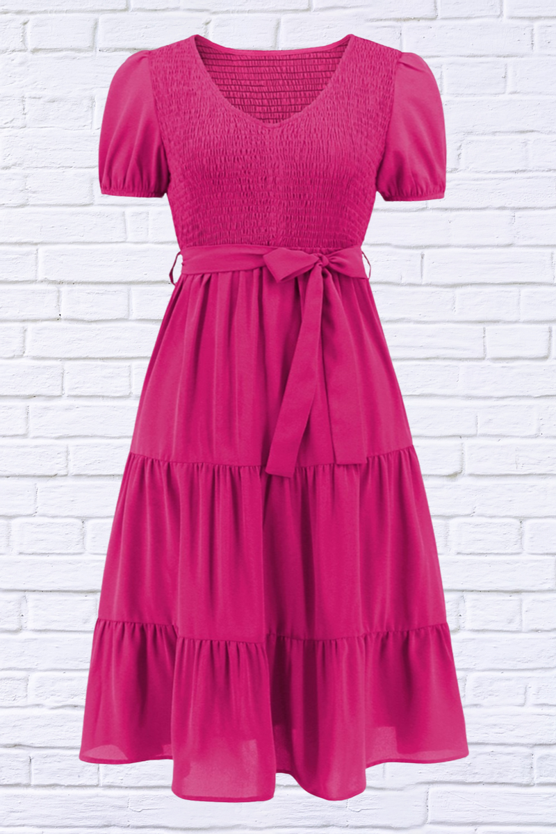 Smocked Tie Front Short Sleeve Tiered Dress