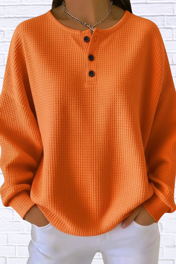 Full Size Waffle Knit Button Detail Top Plus Size