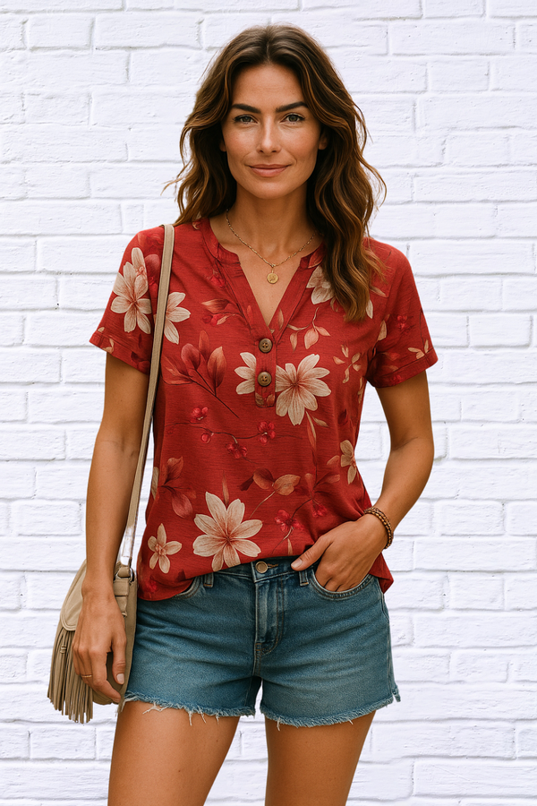 Printed Brick Red Notched Short Sleeve T-Shirt