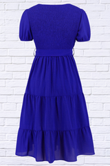 Smocked Tie Front Short Sleeve Tiered Dress