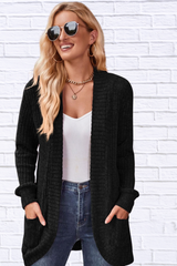 Ribbed Open Front Long Cardigan with Pockets