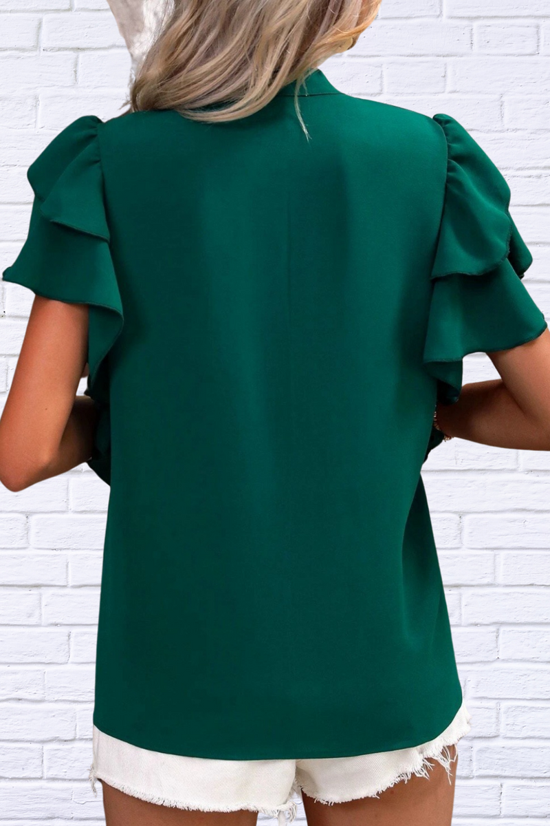 Ruffled Notched Short Sleeve Blouse