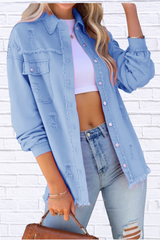Distressed Denim Jacket with Frayed Edges