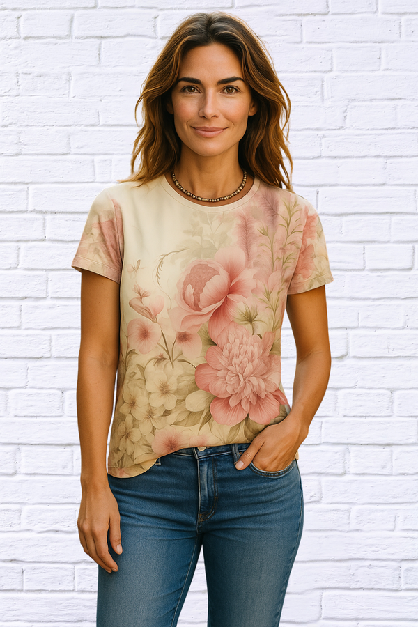Vibrant Floral Print Short Sleeve Crew Neck T-Shirt