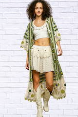 Janice Striped and Floral Pattern Crochet Longline Cardigan