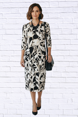Black & Ivory Floral Knit Midi Dress – 3/4 Sleeve Stretch Bon Bon Dress