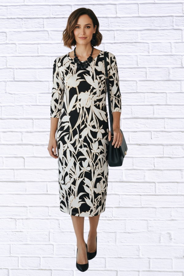 Black & Ivory Floral Knit Midi Dress – 3/4 Sleeve Stretch Bon Bon Dress