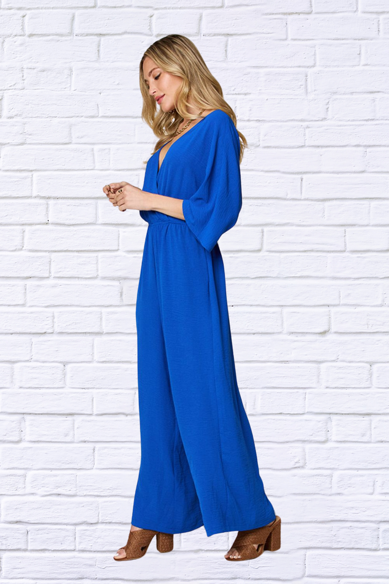 Double Take Full Size Surplice Wide Leg Jumpsuit with Pockets
