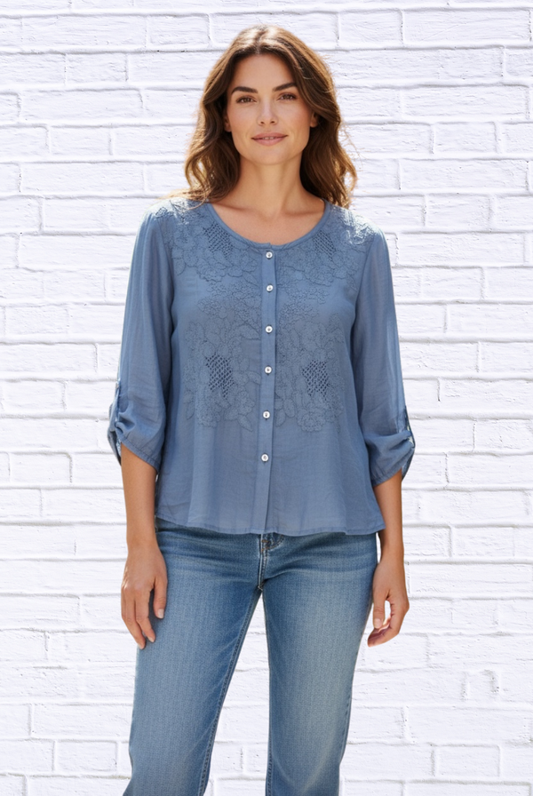 Silk-Lined Embroidered Button-Up Blouse – 3/4 Sleeve Round Neck Elegant Top