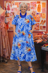 Blue Tropical Off-Shoulder Midi Dress — Effortless Elegance