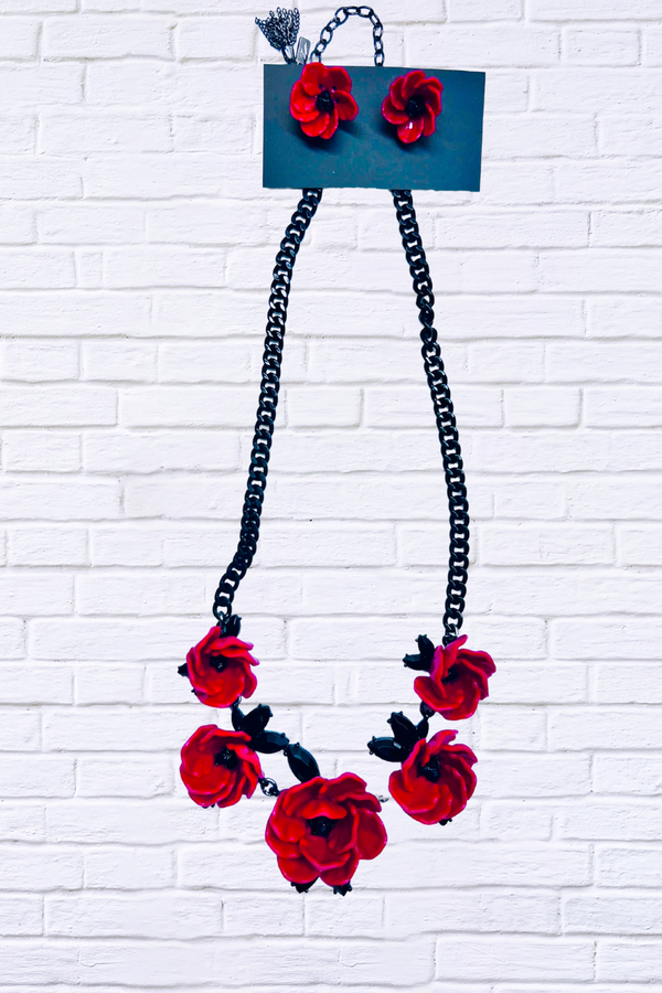 Black and Red Rose Necklace and Earrings
