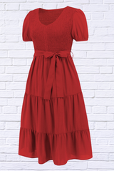 Smocked Tie Front Short Sleeve Tiered Dress