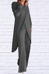 Full Size Slit Round Neck Long Sleeve Top and Pants Set