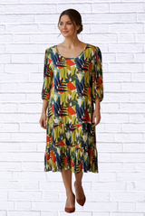Women’s Abstract Leaf Print Woven Midi Dress – 3/4 Sleeve Tiered Hem Casual Chic Dres