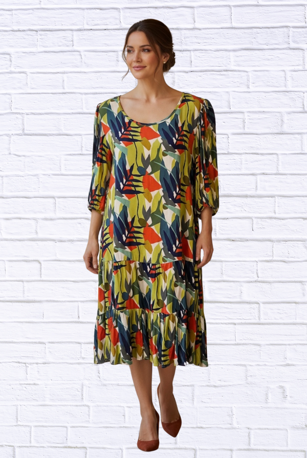 Women’s Abstract Leaf Print Woven Midi Dress – 3/4 Sleeve Tiered Hem Casual Chic Dres