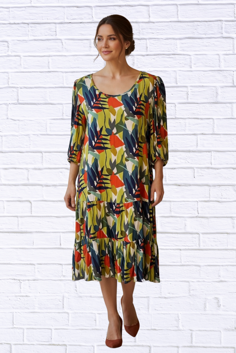 Women’s Abstract Leaf Print Woven Midi Dress – 3/4 Sleeve Tiered Hem Casual Chic Dres