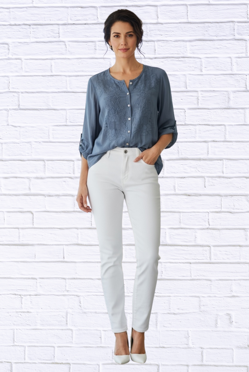 Silk-Lined Embroidered Button-Up Blouse – 3/4 Sleeve Round Neck Elegant Top