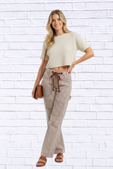 BiBi Drawstring Striped Twill Barrel Pants