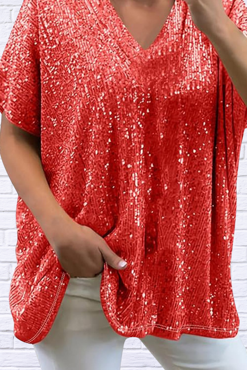 Full Size Sequin V-Neck Short Sleeve Top