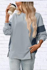 Slit Round Neck Long Sleeve Sweatshirt