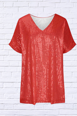 Full Size Sequin V-Neck Short Sleeve Top