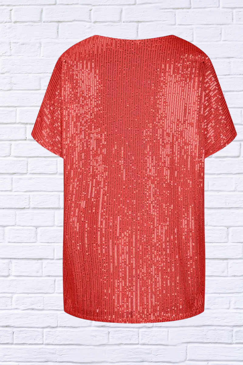 Full Size Sequin V-Neck Short Sleeve Top