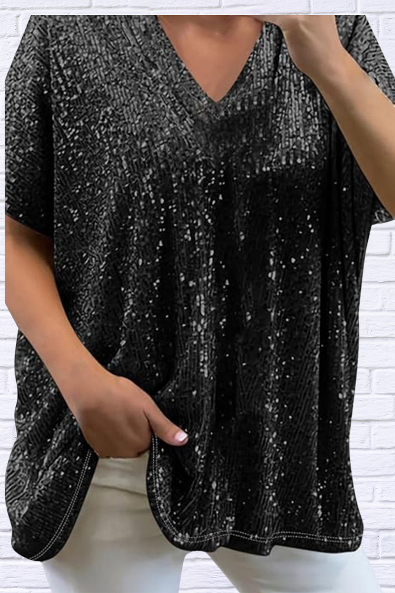 Full Size Sequin V-Neck Short Sleeve Top
