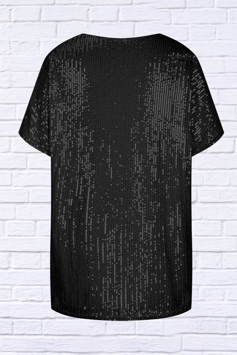 Full Size Sequin V-Neck Short Sleeve Top