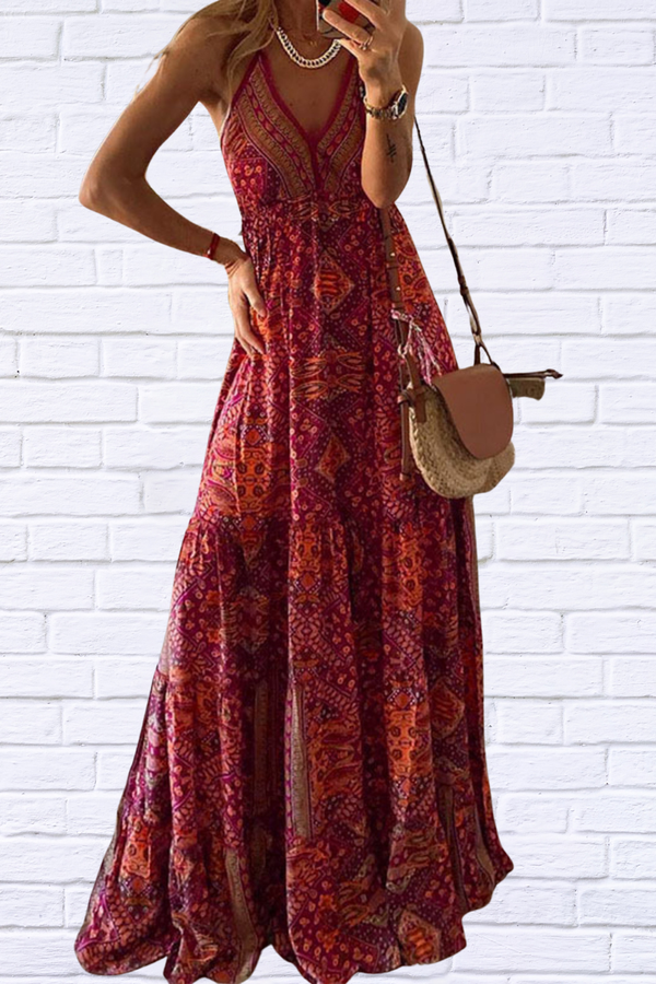 Full Size Printed V-Neck Maxi Cami Dress – Boho Beauty in Every Curve