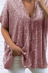 Full Size Sequin V-Neck Short Sleeve Top