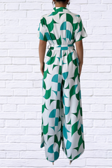 Geometric Print Belted Wide Leg Jumpsuit