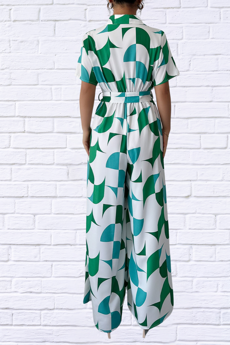 Geometric Print Belted Wide Leg Jumpsuit