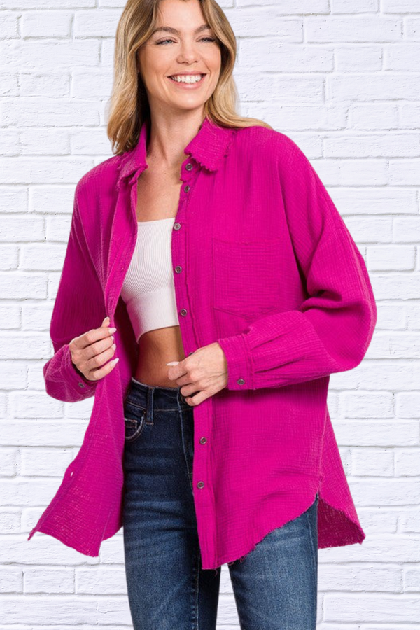 Magenta Oversized Raw Edge Shirt - Diva USA