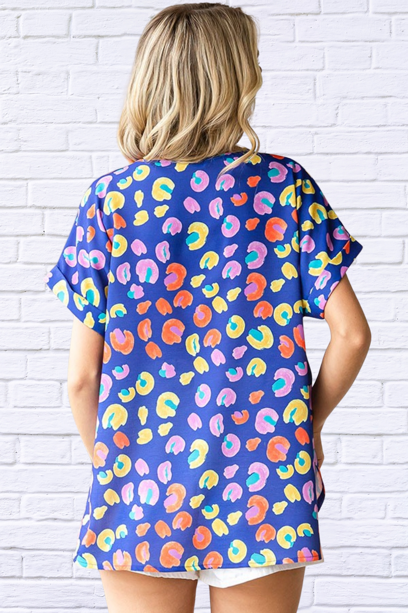 Multi Printed V-Neck Short Sleeve Blouse