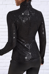 Woman's Black Sequin Turtleneck Long Sleeve Blouses