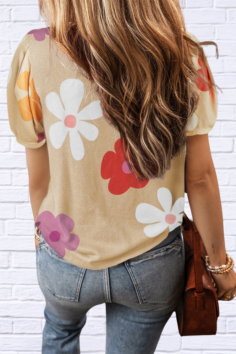Flower Round Neck Short Sleeve Blouse