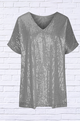 Full Size Sequin V-Neck Short Sleeve Top