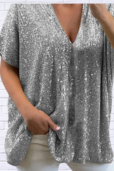Full Size Sequin V-Neck Short Sleeve Top
