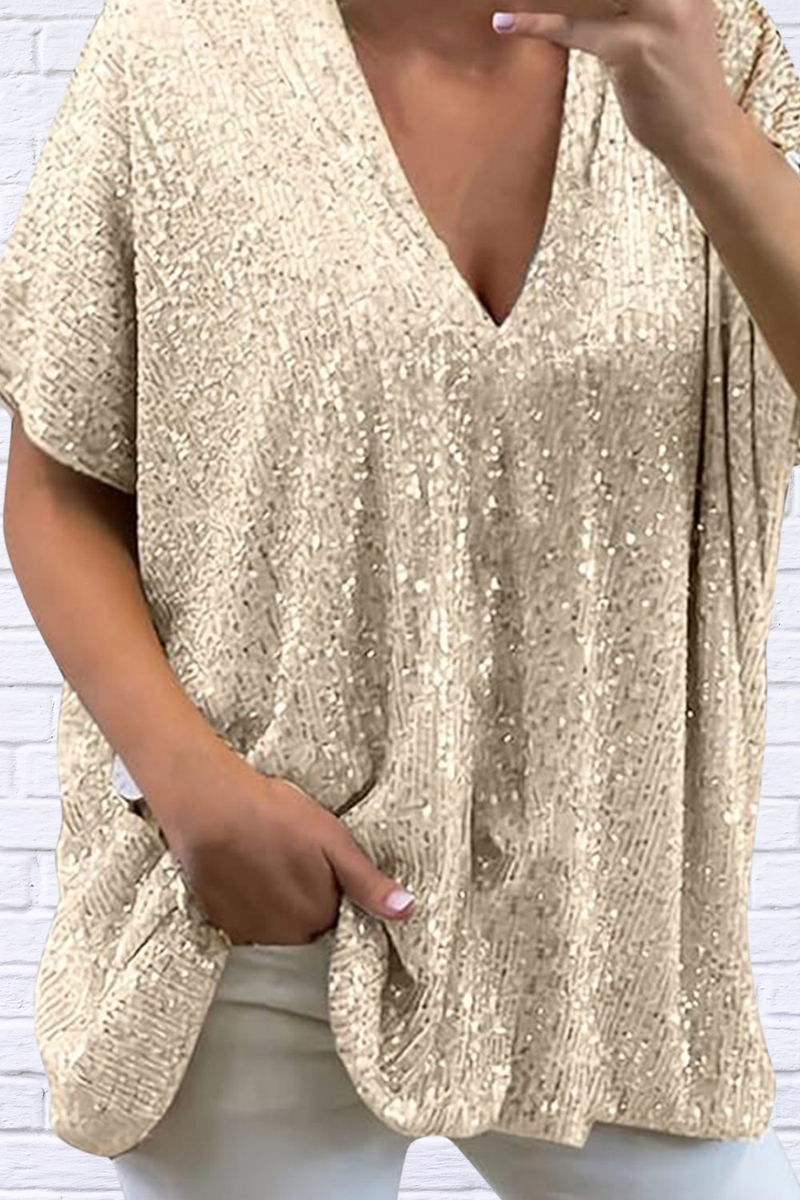 Full Size Sequin V-Neck Short Sleeve Top