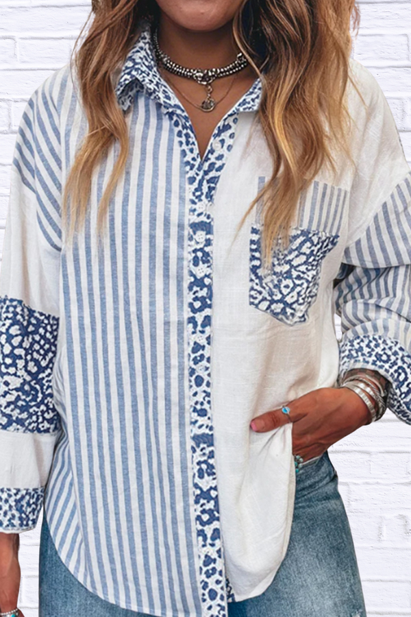 Striped Patchwork Button Down Shirt with Leopard Print Details