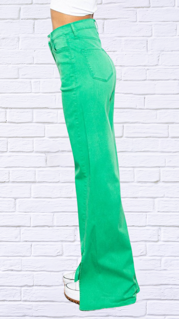 Green Front Slit Wide Leg Tercel Pants