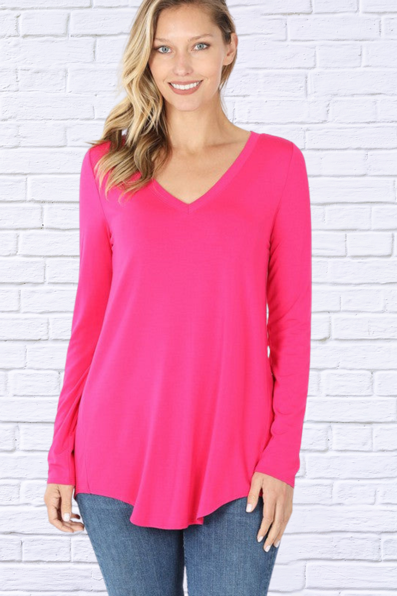 Hot Pink Luxe Rayon Long Sleeve V_Neck Dolphin Hem Top
