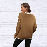 Round Neck Long Sleeve Waffle-Knit Sweater