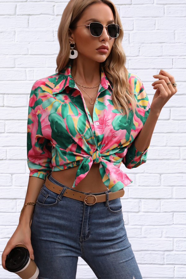 Green and Pink Floral Print Collared Neck Long Sleeve Shirt