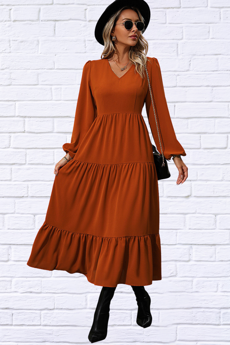 Pumpkin Coloured V-Neck Long Sleeve Tiered Dress