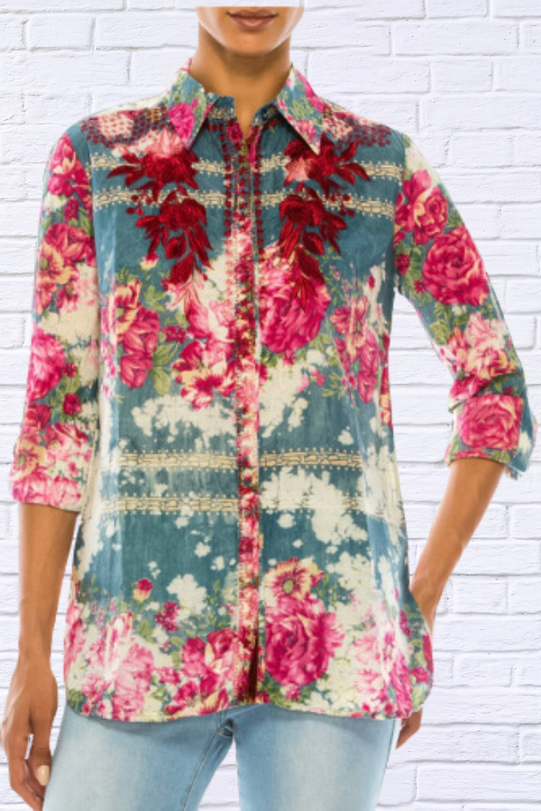 Floral Printed Shirt With Embroidery and Vintage ash