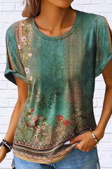 Cutout Printed Round Neck Short Sleeve Blouse