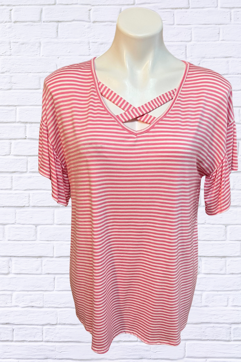 Criss Cross Neckline T Shirt - Turquoise/ White Stripe or Pink / White Stripe